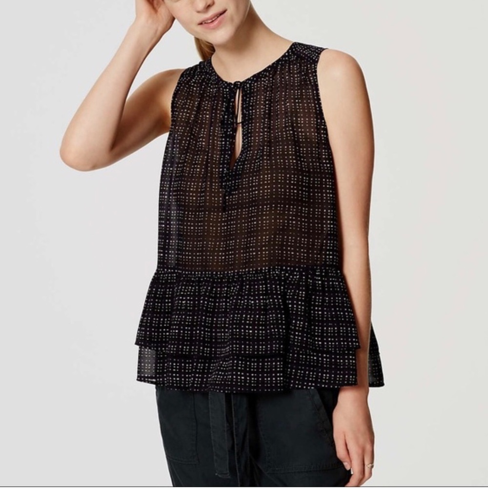 Loft dot plaid tie neck sleeveless top